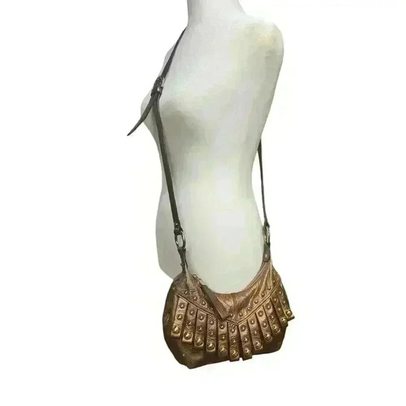 B Macowski Copper Pebble Leather Fringe Studded adjustable Crossbody Boho Bag - Picture 11 of 13